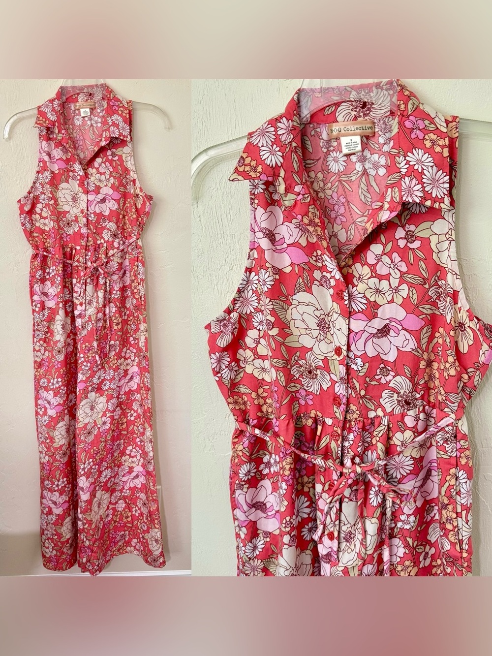 BOG Collective peach floral button up jumpsuit w/ belt & pockets wide leg Small